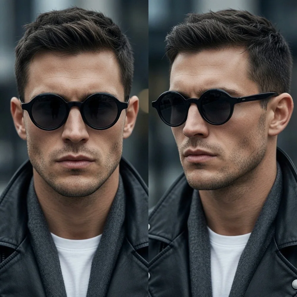 Men‎ Black Round Sunglasses Mens Retro Acetate Black Lens Streetwear Outdoor New